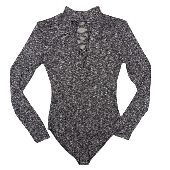 Charlotte Russe Bodysuit Size Medium Marled Gray Long Sleeve High Neck - Picture 1 of 8